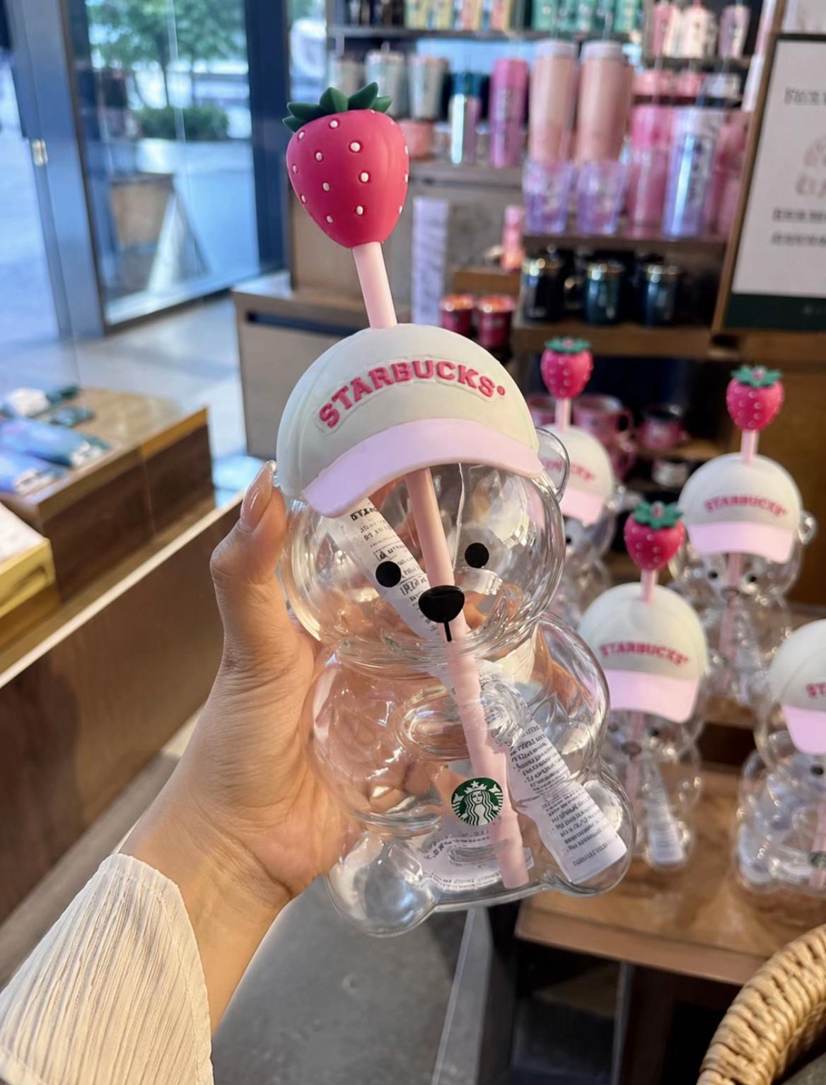 Starbucks Bearista Strawberry Decorated Glass Cold Drink Cup with Teddy Bear
